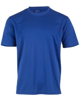 A blue short-sleeve T-shirt made from moisture-wicking fabric, featuring a logo on the upper left.