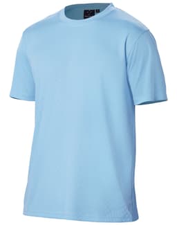A light blue men's short sleeve tee with a logo on the chest. Made from cool-dry fabric.
