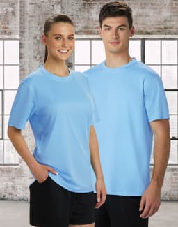 A light blue short sleeve tee for men and women, featuring a textured fabric and a logo on the chest.