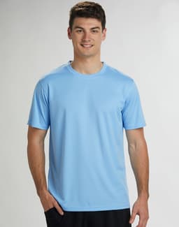 A light blue short sleeve tee for men made from cooldry fabric, featuring a logo on the front.