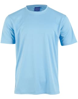 A light blue short sleeve tee shirt made from cooldry fabric, featuring a logo on the label.