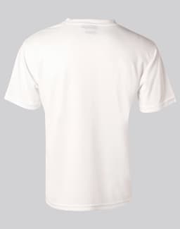 A white short sleeve men's tee, featuring a back view and a logo. Made from cooldry fabric.