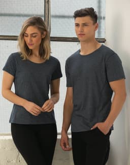 A grey heather short sleeve t-shirt displayed on male and female models, featuring a simple design and fitted style.