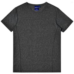 A grey heather short-sleeve T-shirt with a smooth texture and a logo on the neckline.