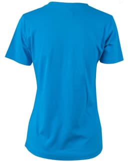 A bright blue ladies' cotton semi-fitted tee featuring short sleeves and a simple design. It has a logo on the back.