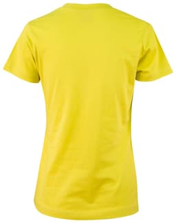 A bright yellow ladies' cotton semi-fitted tee with short sleeves and a smooth finish. Features a logo at the back.