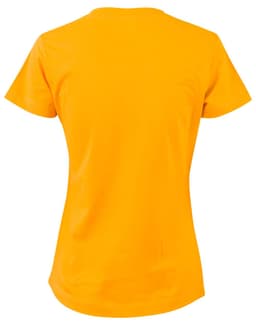 A semi-fitted ladies' t-shirt in vibrant orange, featuring a round neck and short sleeves. The back view is shown.