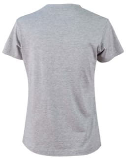A grey ladies' cotton semi-fitted tee with short sleeves and a round neckline, featuring a logo on the back.