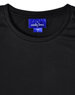 A black short-sleeve performance T-shirt with a logo label at the neckline.