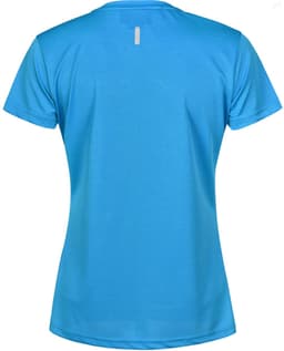 A blue ladies' short sleeve performance t-shirt with a plain back design. Features a logo on the fabric.