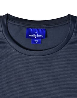 A navy blue ultra lightweight performance T-shirt with a tag featuring a logo.