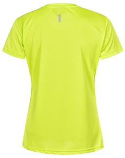 A bright yellow women's short-sleeve performance t-shirt with a logo on the back.