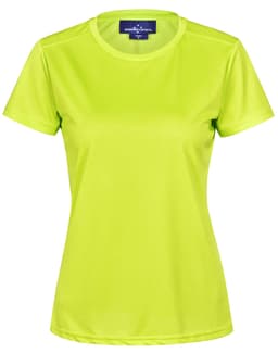 A bright lime green ladies' short-sleeve performance tee with a branding logo on the neckline.
