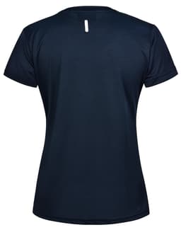 A navy blue ladies' short sleeve performance T-shirt featuring a subtle back detail and a logo.