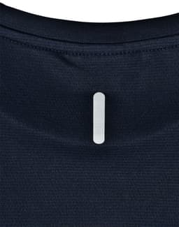 A navy blue lightweight performance T-shirt with a branding logo on the back neck area.