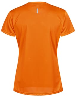 An orange lightweight short-sleeve women's performance t-shirt featuring a small reflective logo on the back.