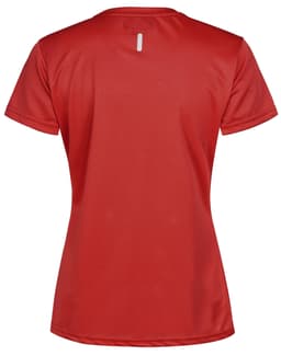 A red ladies' ultra lightweight performance short-sleeve tee with a logo on the back.