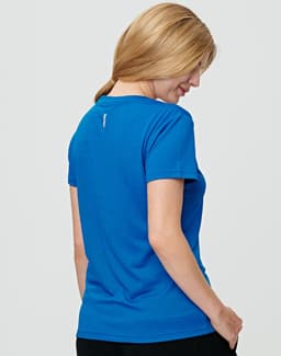 A blue women's short-sleeve performance t-shirt featuring a logo and a relaxed fit.