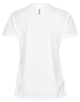 A white short-sleeve performance T-shirt with a sleek design and a logo on the back.