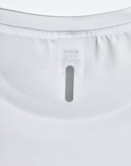 A white lightweight performance t-shirt featuring a label at the neckline and a simple design.