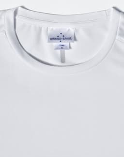 A white ladies' ultra lightweight performance short sleeve tee with a round neck and a logo label.