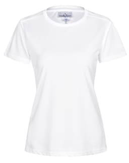 A white short-sleeve women's performance t-shirt featuring a simple design and a logo.