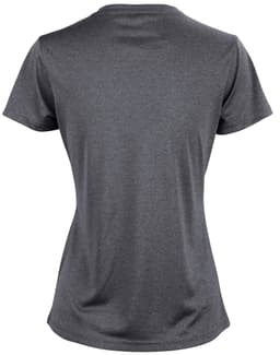 A grey short sleeve tee with a fitted design and a logo on the back.