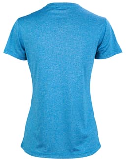 A blue short sleeve tee with a textured pattern, featuring a logo on the back.