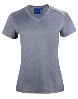 A grey short sleeve tee with a V-neck design, featuring a branding logo on the neckline.