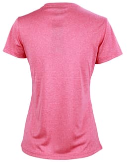 A short sleeve tee in a vibrant pink hue, featuring a smooth texture and a fitted silhouette. It has a logo on the back.