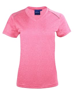 A pink short sleeve tee with a v-neck design and shoulder detailing, featuring a logo on the label.