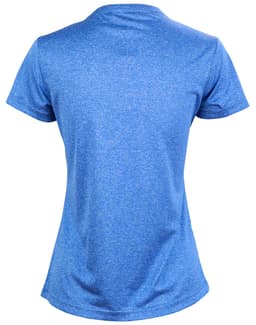 A blue short sleeve tee with a textured finish, featuring a logo on the back.