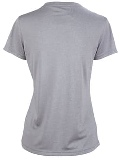 A grey ladies' short sleeve tee with a fitted style and a simple design, featuring a logo on the back.