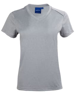 A grey short sleeve tee with a v-neck design, featuring a logo on the neckline.
