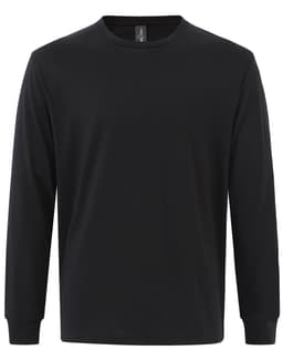 A black long-sleeve t-shirt made of premium cotton with a round neckline and a logo on the tag.