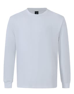 A long-sleeve tee shirt in white, featuring a crew neck and a logo on the tag.
