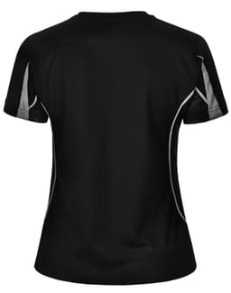 A black short-sleeve women's T-shirt featuring grey accents and a logo on the back.