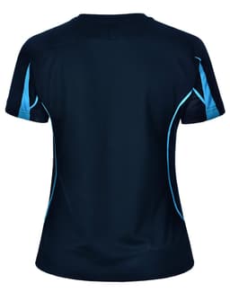 A ladies' short-sleeve T-shirt in navy blue with light blue accents and a logo on the back.