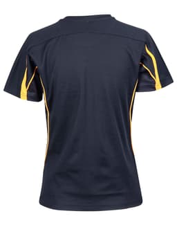 A navy blue ladies' t-shirt featuring yellow accents on the sides and a crew neck design. It has a logo on the back.