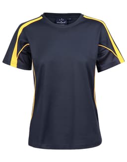 A ladies' black and yellow short-sleeve T-shirt with a logo, featuring a sporty design and contrasting side panels.