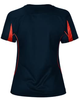 A navy blue ladies' T-shirt with red accents on the sides and back. The shirt has a logo.
