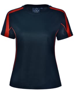 A Ladies' Truedry Fashion short-sleeve T-shirt in black with red accents and mesh detail on the shoulders.