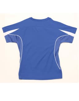 A blue short-sleeved T-shirt with white accents and a logo on the back.