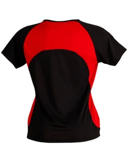 A black and red ladies' tee shirt featuring a sporty design and a logo on the back.