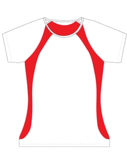 A ladies' tee shirt featuring short sleeves with a red and white design and a logo on the front.