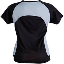 A black and light blue ladies' tee shirt featuring a stylish design and mesh detailing on the back.
