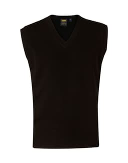 A dark green v-neck wool and acrylic knit vest with no sleeves and a ribbed hem, featuring a logo label inside.