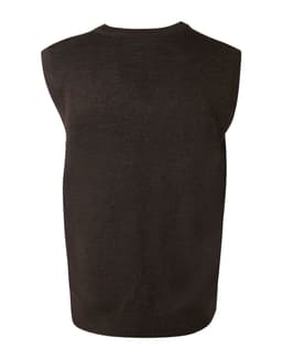 A dark brown v-neck wool and acrylic knit vest featuring a sleeveless design and ribbed hem.