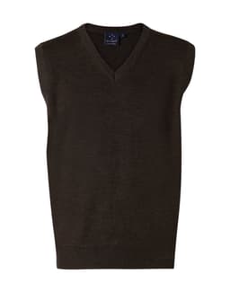 A dark green V-neck wool and acrylic knit vest featuring a sleeveless design and a plain finish.