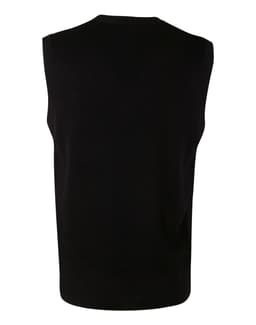 A black V neck wool and acrylic knit vest, featuring a sleeveless design and ribbed bottom hem.